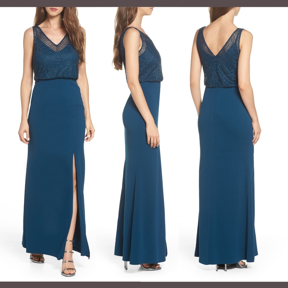 NEW $259 Adrianna Papell Lattice Beaded Bodice‎ Gown in Teal Crush [SZ 6 ]